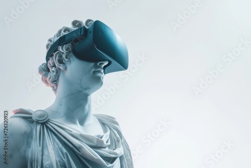 Marble sculpture with VR goggles on white background. Virtual reality, augmented reality concept. VR / AR metaverse simulation. Modern art and technology concept. Design for banner with copy space