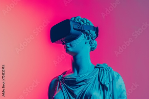 Classical bust statue with VR headset on neon background. Virtual reality, augmented reality concept. VR / AR metaverse simulation. Modern art and technology concept. Design for banner, poster