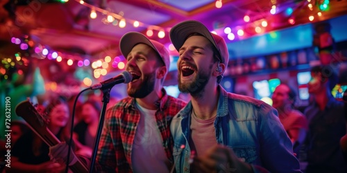 Two Enthusiastic Young Men In Casual Attire Sing Into A Microphone At A Lively Karaoke Bar, Expressing Joy And Celebration