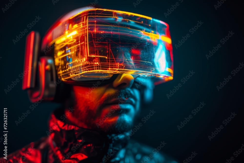 Man with futuristic VR headset. Virtual reality, augmented reality concept. VR / AR metaverse simulation. Future technology, cyberpunk aesthetic Man with futuristic VR headset. Virtual reality, augmented reality concept. VR / AR metaverse simulation. Future technology, cyberpunk aesthetic
