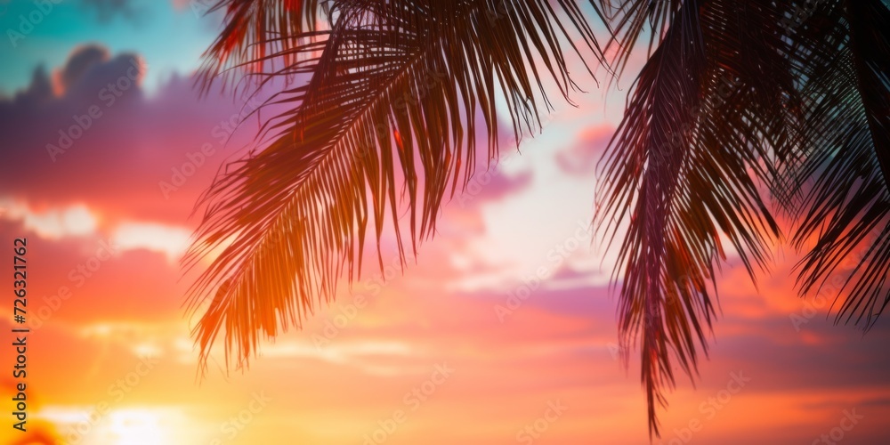Vibrant Palm Tree Silhouetted Against A Stunning Sunset Sky With Bokeh Lights. Сoncept Nature's Majestic Beauty, Serene Evening Glow, Silhouette In Paradise, Capturing Sunset Magic