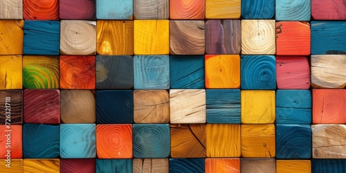 Vibrant Mosaic Wooden Tiles Create An Abstract And Colorful Background Texture. Сoncept Abstract Art, Mosaic Tiles, Vibrant Colors, Wooden Texture, Background Design