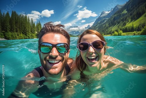 Happy young man and woman swimming in a lake or river among the mountains, selective focus © Tetiana Kasatkina