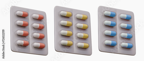 Set of realistic blisters with capsules of different colors. Medicines for various diseases