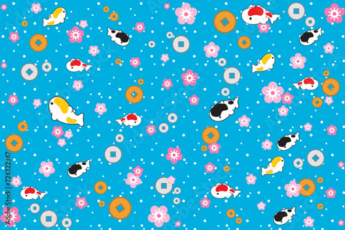 Illustration, pattern of koi fish with sakura flower, gold and silver lucky coin on blue background with white dot.