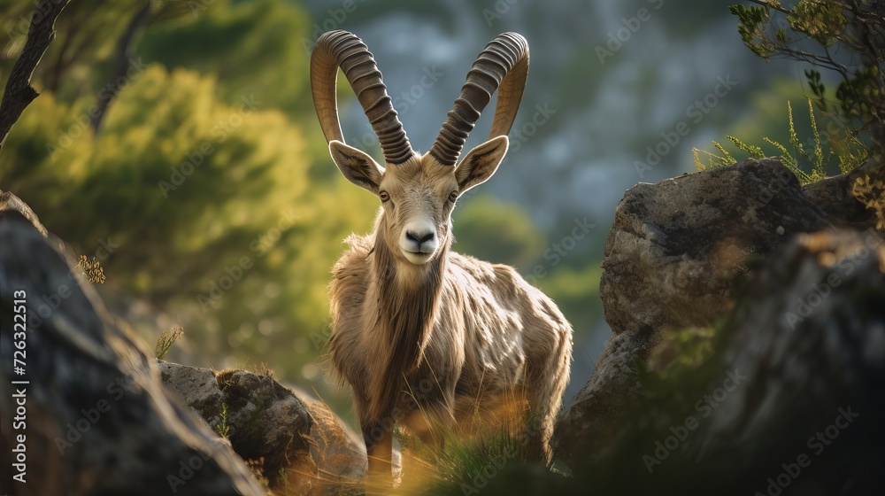 Naklejka premium Spanish ibex young male in the nature habitat wild iberia spanish wildlife mountain animals