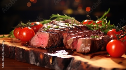 Delicious and juicy beef steak on a wooden board in the restaurant. Created with Generative AI