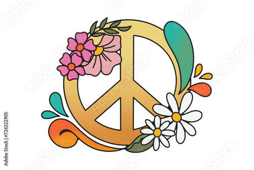 Peace sign made of flowers, groovy style symbol, vector illustration 