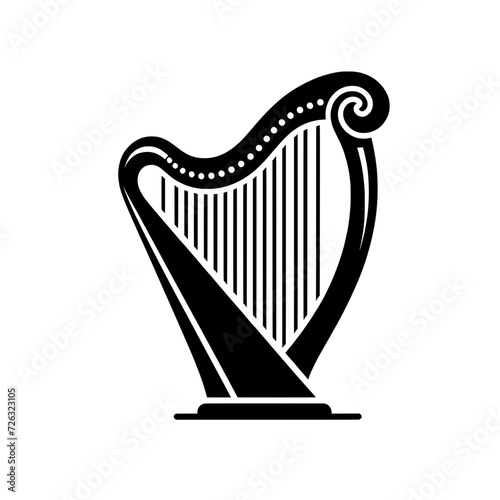 Vector black silhouette of a decorative harp isolated on a transparent background