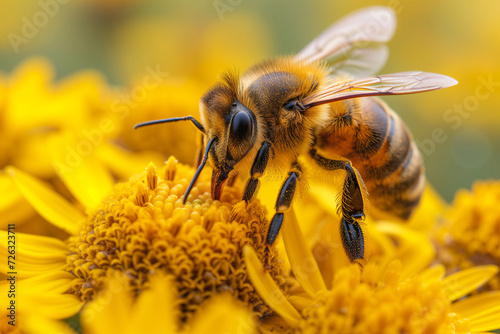 Honey bee collects pollen from flower, close up of  insect, beekeeping or apiculture