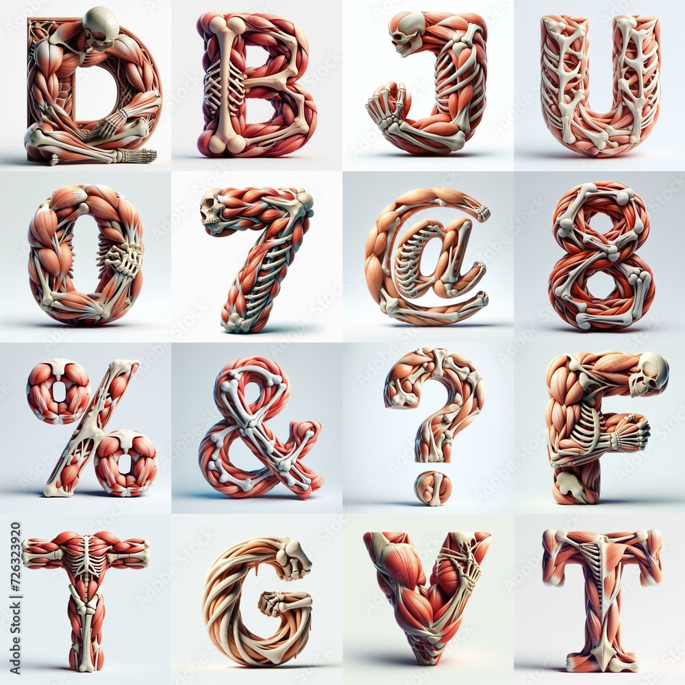 Fototapeta premium 3D lettering what blend Bones and Muscles. AI generated illustration