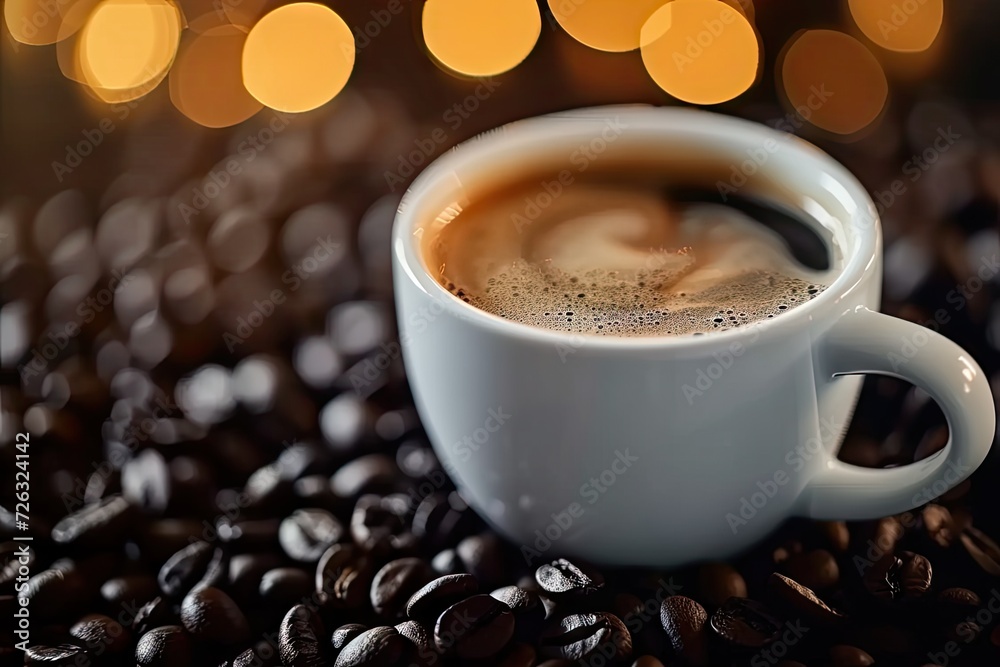 Closeup of warm cup of espresso on rustic wooden table showcasing rich aroma and steam of freshly brewed coffee with dark beans in background perfect for cozy morning break or breakfast Closeup of warm cup of espresso on rustic wooden table showcasing rich aroma and steam of freshly brewed coffee with dark beans in background perfect for cozy morning break or breakfast