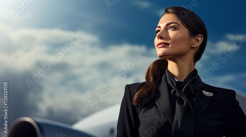 Airplane stewardess over isolated white background and looking up © Tahir