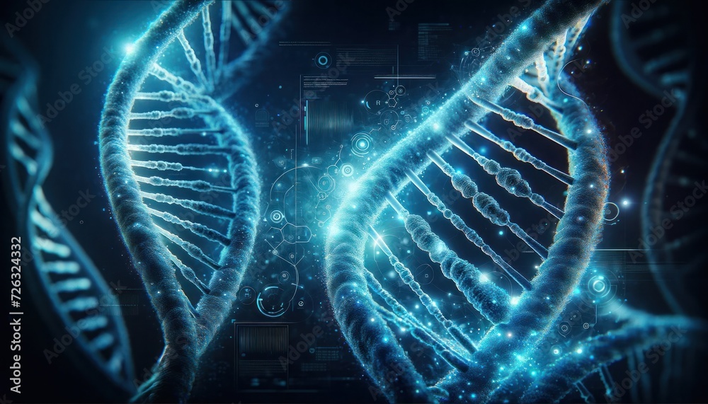Futuristic depiction of DNA strands in blue tones, highlighting advanced biotechnology and genetic research with a sleek, modern composition