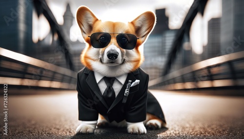 Corgi dressed as a British special agent with a sleek suit and sunglasses, standing confidently with a cityscape background photo