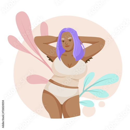 Woman with hairy armpits, body positive concept. Woman with a dark tan in swimsuit is not shy about her body. Attractive person in bikini. Flat vector illustration isolated on white background