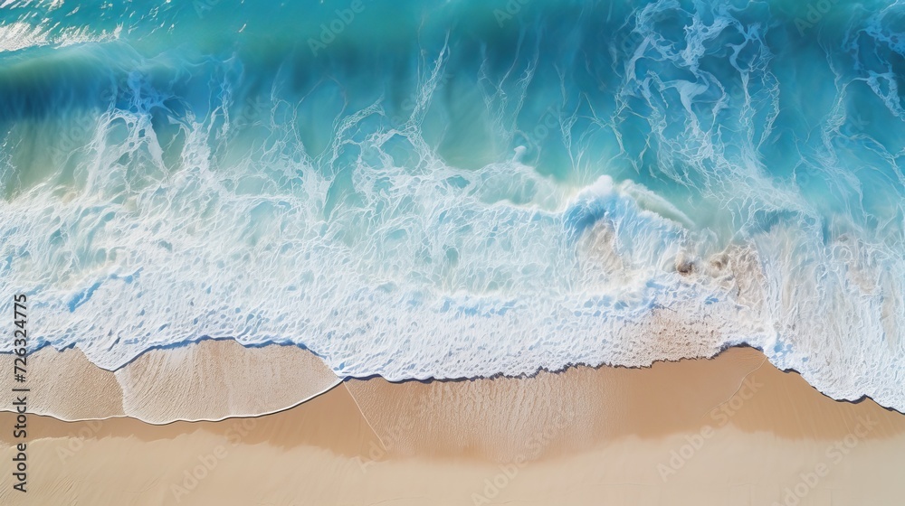 Beach and large ocean waves coast as a background from top view blue water background from drone summer seascape from air travel image