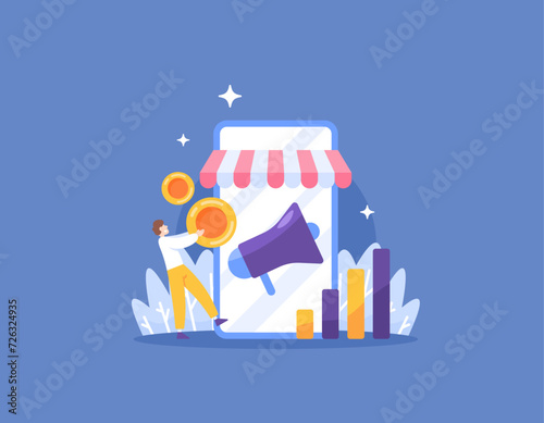 Utilizing digital technology to develop and market MSMEs. Optimizing small and medium businesses through promotional advertising media. Marketplace or e-commerce. illustration concept design. graphic 