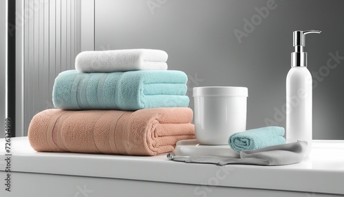 hotel towels and shampoos, isolated white background 