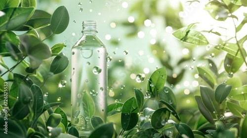 Nature's refreshing gift, a single bottle of water resting amidst a verdant backdrop of tree leaves and plant stems, embodying the essence of the great outdoors