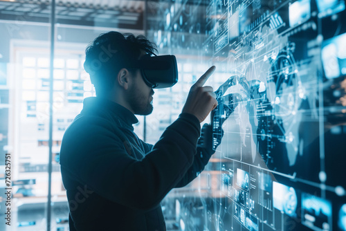 A man interacts with a sophisticated virtual reality interface, pointing and navigating through a complex network of data.