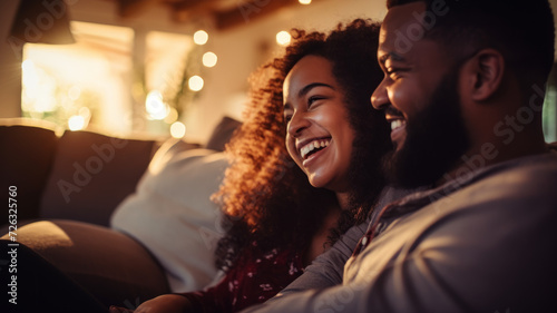 Couple in love laughing on the sofa