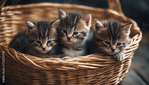 kittens sleeping in a basket, blurry background 