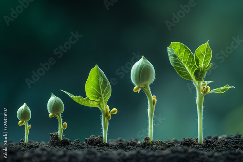 A series of young seedlings in soil showcase the early stages of plant growth, symbolizing new beginnings and natural development.