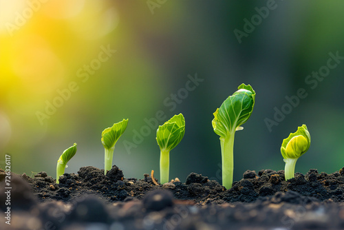 A series of young seedlings in soil showcase the early stages of plant growth, symbolizing new beginnings and natural development.