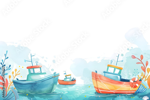  Cute cartoon boat frame border on background in watercolor style.