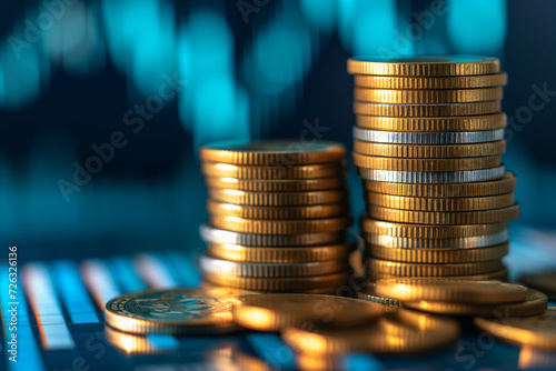 Stacks of golden coins against a backdrop of financial market graphs, symbolizing the growth and volatility of cryptocurrency..