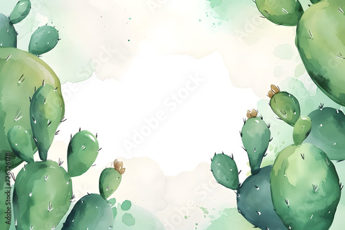 Cute cartoon cactus frame border on background in watercolor style.
