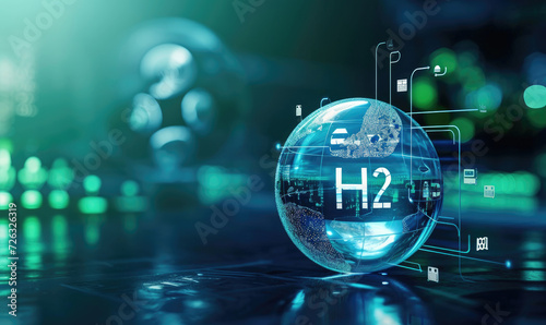 H2 hydrogen word in bubble on forest background, innovation hydrogen H2, zero emission technology. photo