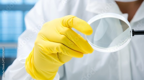 Person Wearing Yellow Gloves Holding a Magnifying Glass