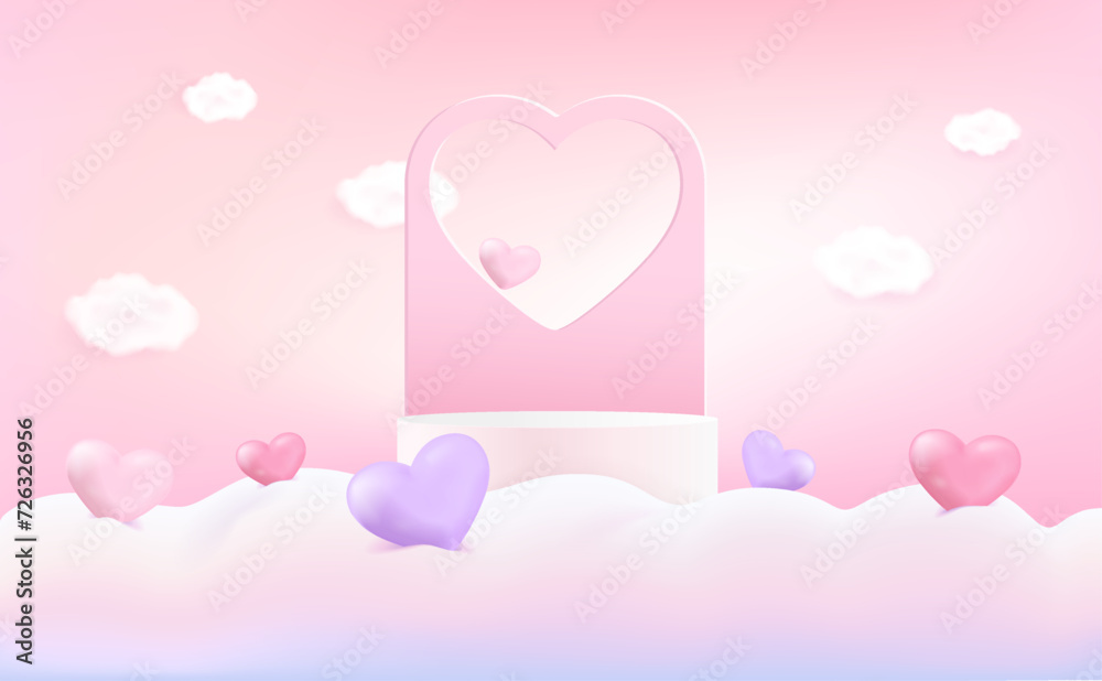 Happy Valentine’s Day banner with a podium for product presentation and love 3d objects on pink background, 3d models, and illustrations.