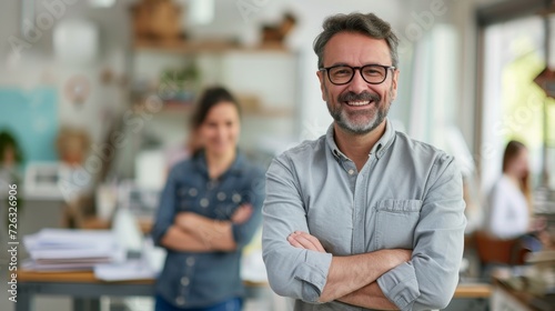 A smiling middle-aged man with crossed arms standing confidently in an office setting, perfect for representing leadership, professional services, or team management
