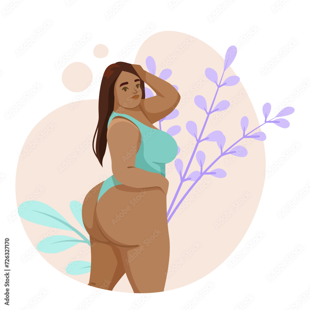 Woman with plus size shape, body positive concept. Woman with a dark tan in swimsuit is not shy about her body. Attractive person in bikini. Flat vector illustration isolated on white background Woman with plus size shape, body positive concept. Woman with a dark tan in swimsuit is not shy about her body. Attractive person in bikini. Flat vector illustration isolated on white background