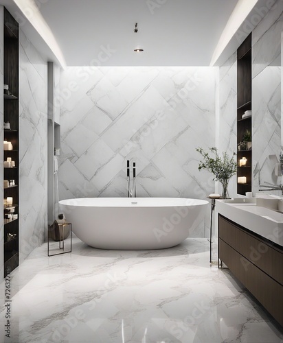 minimalist bathroom design in white marble  warm spot lights  