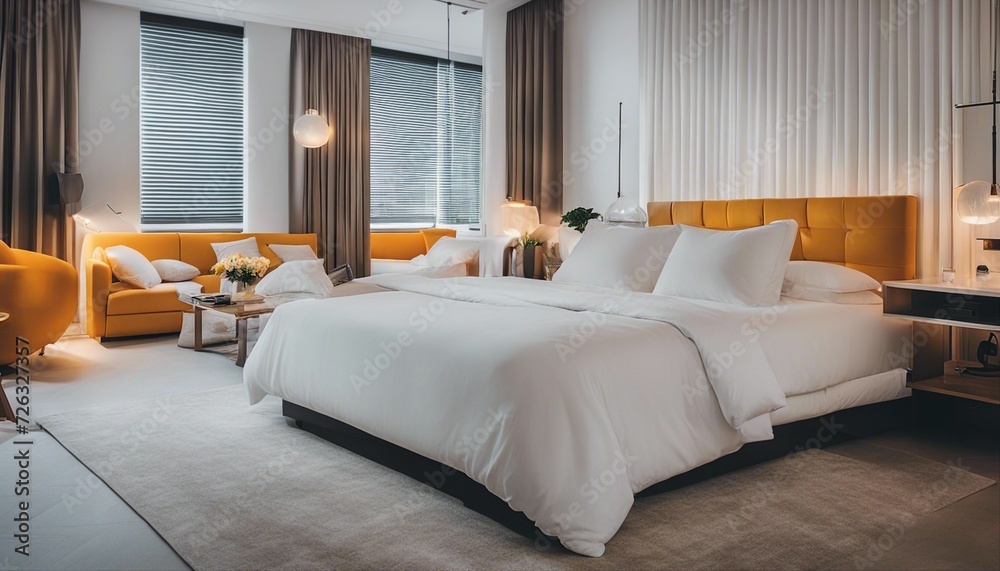Fototapeta premium minimalist bedroom design with white sheets and bright colors, hotel concept
