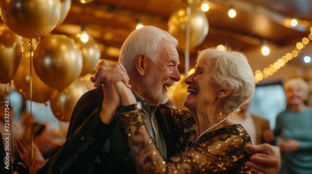 Senior couple dancing with joy at a golden anniversary celebration, surrounded by balloons and soft lighting, evoking everlasting love