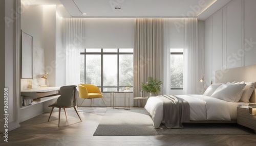 minimalist bedroom design with white sheets and bright colors  hotel concept  