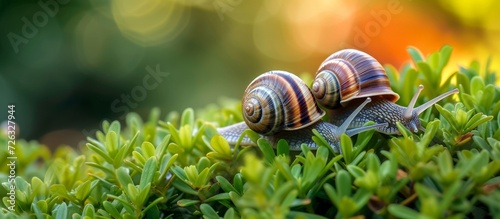 Two achatina snails with striped shells crawl slowly over a green bush, with selective focus. photo