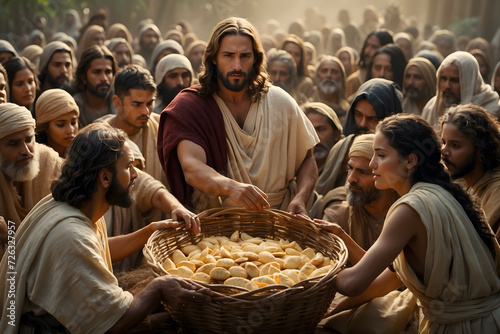 A concept of Jesus miraculously feeding multitudes as in bible photo