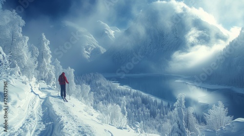 skier in a snowy forest, winter sports, generative ai
