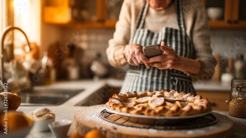 A person clad in casual clothing indulges in a quick snack, captured in a moment of food processing as they hold a phone in front of a delectable pie on the kitchen table against a wall