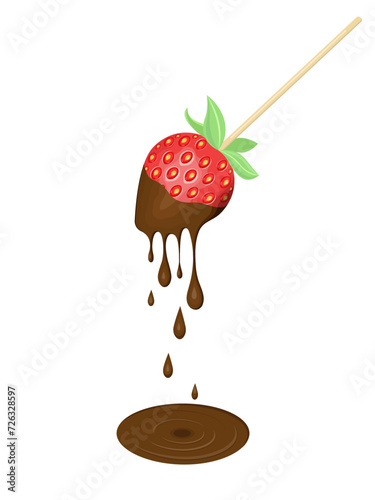 Chocolate covered strawberries. Cute sweet dessert. Melting chocolate drips from juicy strawberry.