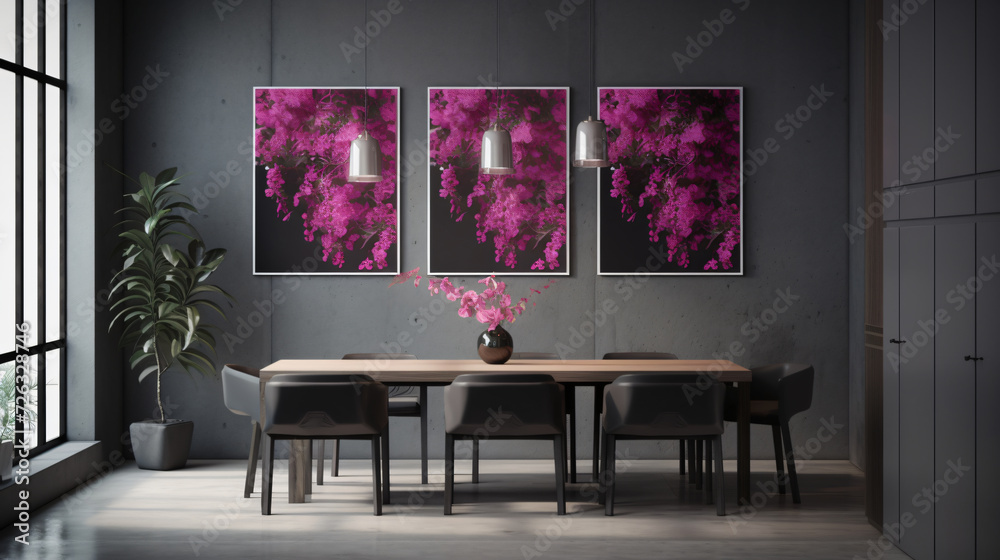 Fuchsia blooms arranged in a modern interior setting with sleek and sophisticated elements