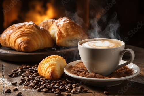 Croissants and coffee in cup on rustic wood table. AI Generated
