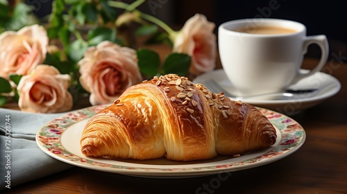 Croissants and coffee in cup on rustic wood table. AI Generated