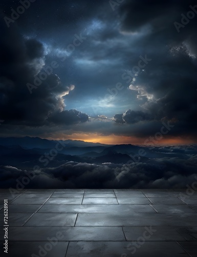Dark Concrete Floor Background with Scenic Night Sky Horizon and Dramatic Clouds Generative AI